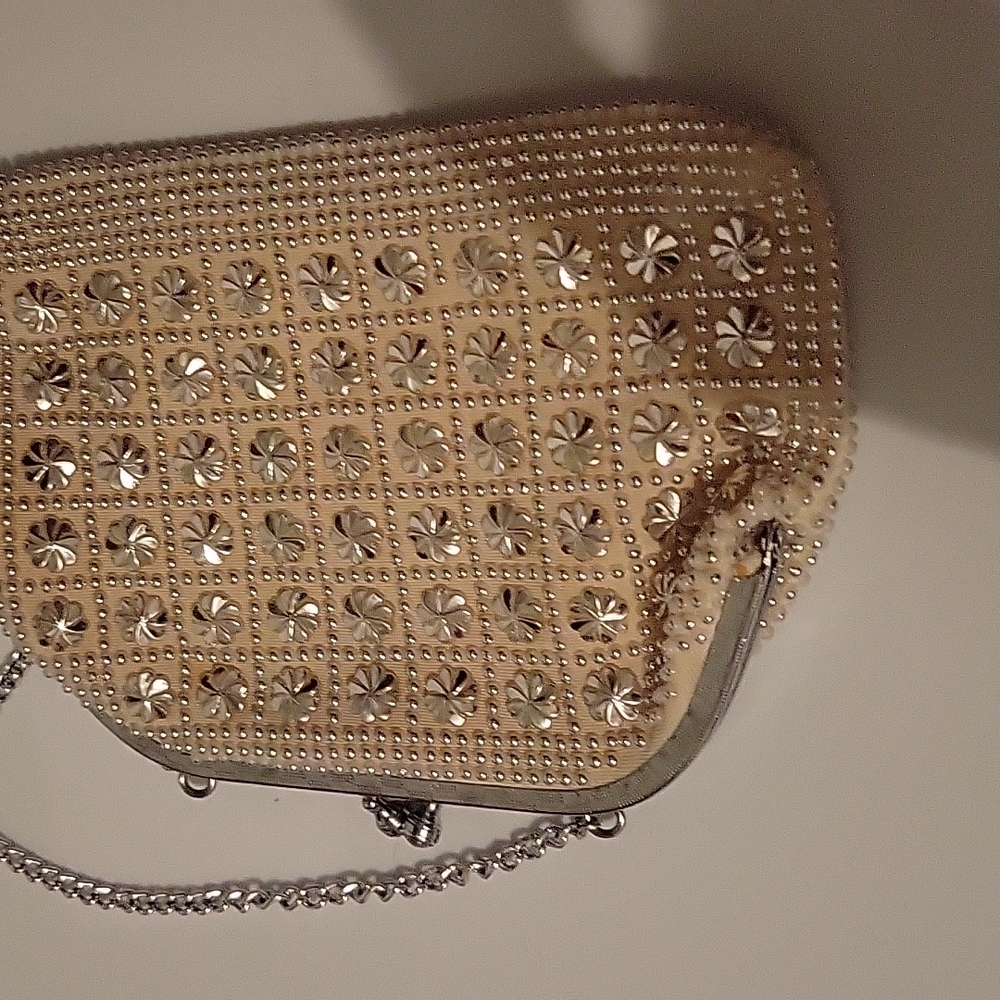 Vintage Cream Clutch with Silver Beads and Wristlet - Picture 3 of 10